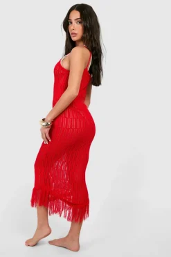 Jumper Dresses|Jumper Dresses*boohoo Petite Crochet Frayed Hem Beach Dress red