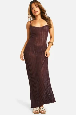 Jumper Dresses|Jumper Dresses*boohoo Petite Crochet Ladder Cowl Neck Knitted Maxi Dress chocolate