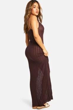 Jumper Dresses|Jumper Dresses*boohoo Petite Crochet Ladder Cowl Neck Knitted Maxi Dress chocolate