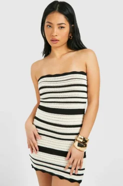Jumper Dresses|Jumper Dresses*boohoo Petite Crochet Stripe Bandeau Mini Dress cream