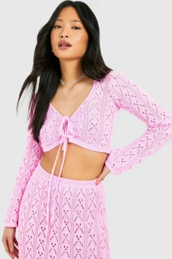 Cardigans*boohoo Petite Crochet Tie Front Cardigan baby pink