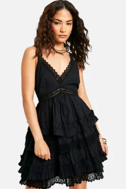 Smock Dresses*boohoo Petite Crochet Trim Tiered Smock Dress black
