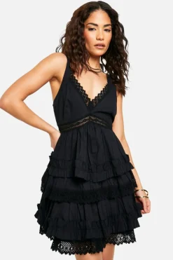 Smock Dresses*boohoo Petite Crochet Trim Tiered Smock Dress black