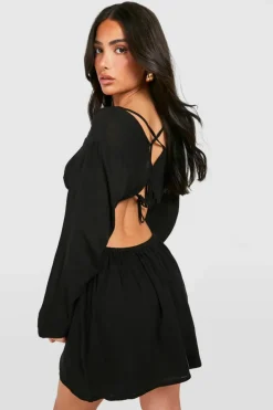 Smock Dresses*boohoo Petite Cross Back Plunge Mini Dress black