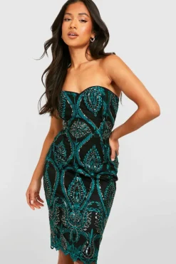 Midi Dresses*boohoo Petite Damask Sequin Bandeau Midi Dress teal