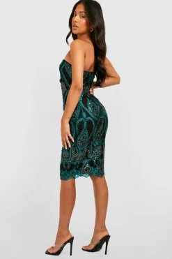 Midi Dresses*boohoo Petite Damask Sequin Bandeau Midi Dress teal