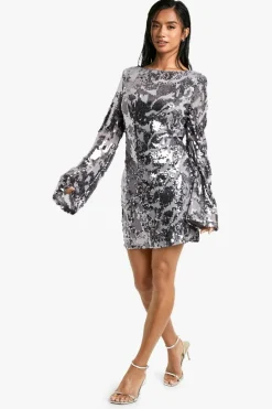 Bodycon Dresses*boohoo Petite Damask Sequin Scoop Back Mini Dress gun metal