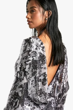 Bodycon Dresses*boohoo Petite Damask Sequin Scoop Back Mini Dress gun metal