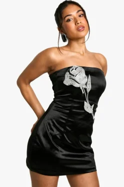 Skater Dresses|Mini Dresses*boohoo Petite Diamante Flower Satin Mini Dress black