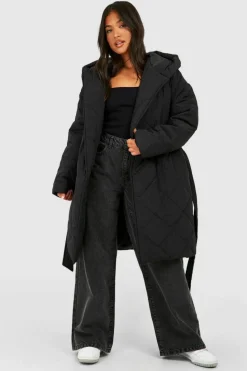 Up To 80% Off Winter Warmers|Puffer Jackets*boohoo Petite Diamond Quilted Belted Puffer Jacket black