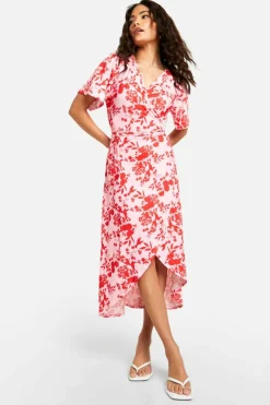 Wrap Dresses*boohoo Petite Ditsy Angel Sleeve Wrap Midaxi Dress pink