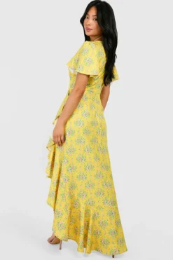 Wrap Dresses|Midi Dresses*boohoo Petite Ditsy Floral Angel Sleeve Wrap Midi Dress yellow