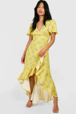 Wrap Dresses|Midi Dresses*boohoo Petite Ditsy Floral Angel Sleeve Wrap Midi Dress yellow