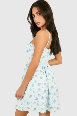 Skater Dresses*boohoo Petite Ditsy Floral Strappy Milkmaid Mini Dress blue