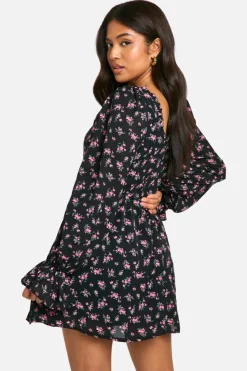 Skater Dresses|Mini Dresses*boohoo Petite Ditsy Floral Volume Sleeve Skater Dress black