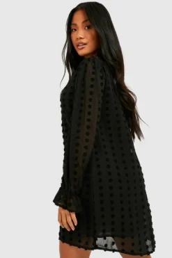 Mini Dresses|Long Sleeve Dresses*boohoo Petite Dobby Textured High Neck Shift Dress black
