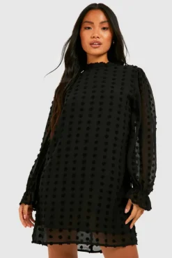 Mini Dresses|Long Sleeve Dresses*boohoo Petite Dobby Textured High Neck Shift Dress black