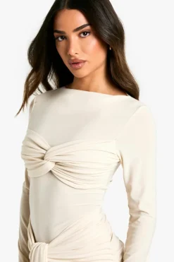 Bodycon Dresses|Mini Dresses*boohoo Petite Double Slinky Twist Front Mini Dress cream