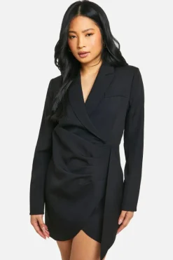 Blazer Dresses|Wrap Dresses*boohoo Petite Drape Detail Wrap Blazer Dress black