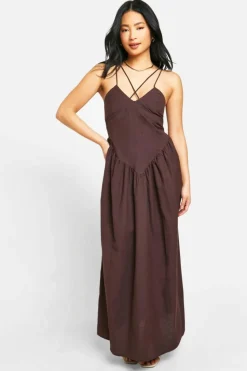 Smock Dresses*boohoo Petite Dropped Waist Maxi Dress chocolate