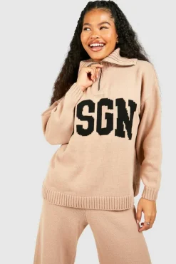 Jumpers|Dsgn Studio*boohoo Petite Dsgn Jacquard Knitted Half Zip Jumper stone