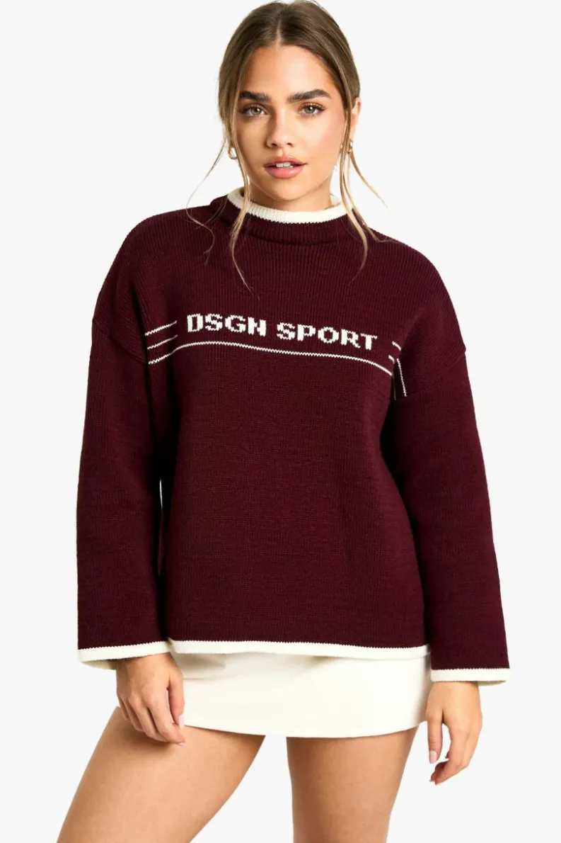 Oversized Jumpers|Jumpers*boohoo Petite DSGN Sport Contrast Trim Oversized Knitted Jumper burgundy