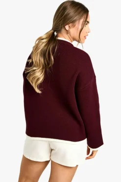 Oversized Jumpers|Jumpers*boohoo Petite DSGN Sport Contrast Trim Oversized Knitted Jumper burgundy