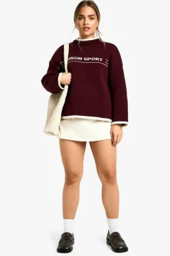 Oversized Jumpers|Jumpers*boohoo Petite DSGN Sport Contrast Trim Oversized Knitted Jumper burgundy