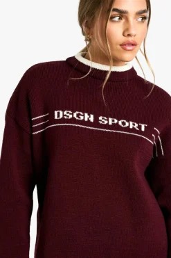 Oversized Jumpers|Jumpers*boohoo Petite DSGN Sport Contrast Trim Oversized Knitted Jumper burgundy