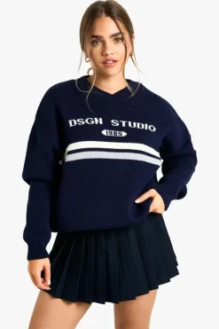 Jumpers|Dsgn Studio*boohoo Petite DSGN Studio V Neck Knitted Jumper navy