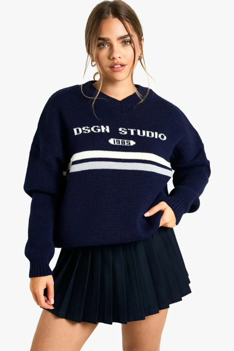 Jumpers|Dsgn Studio*boohoo Petite DSGN Studio V Neck Knitted Jumper navy