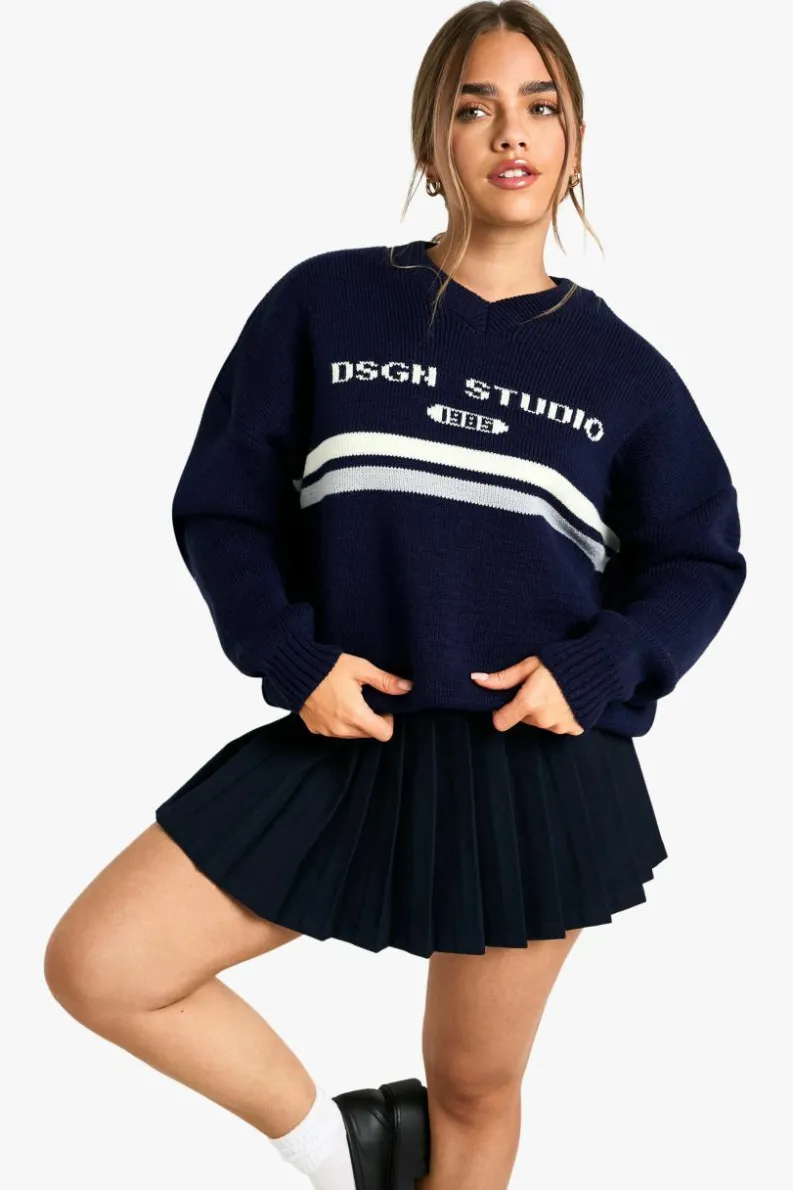 Jumpers|Dsgn Studio*boohoo Petite DSGN Studio V Neck Knitted Jumper navy