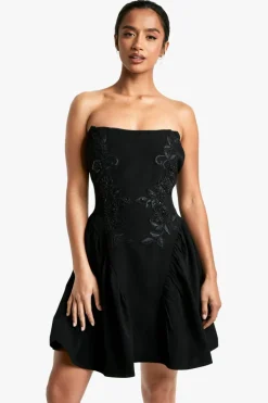 Skater Dresses*boohoo Petite Embellished Woven Skater Bandeau Dress black