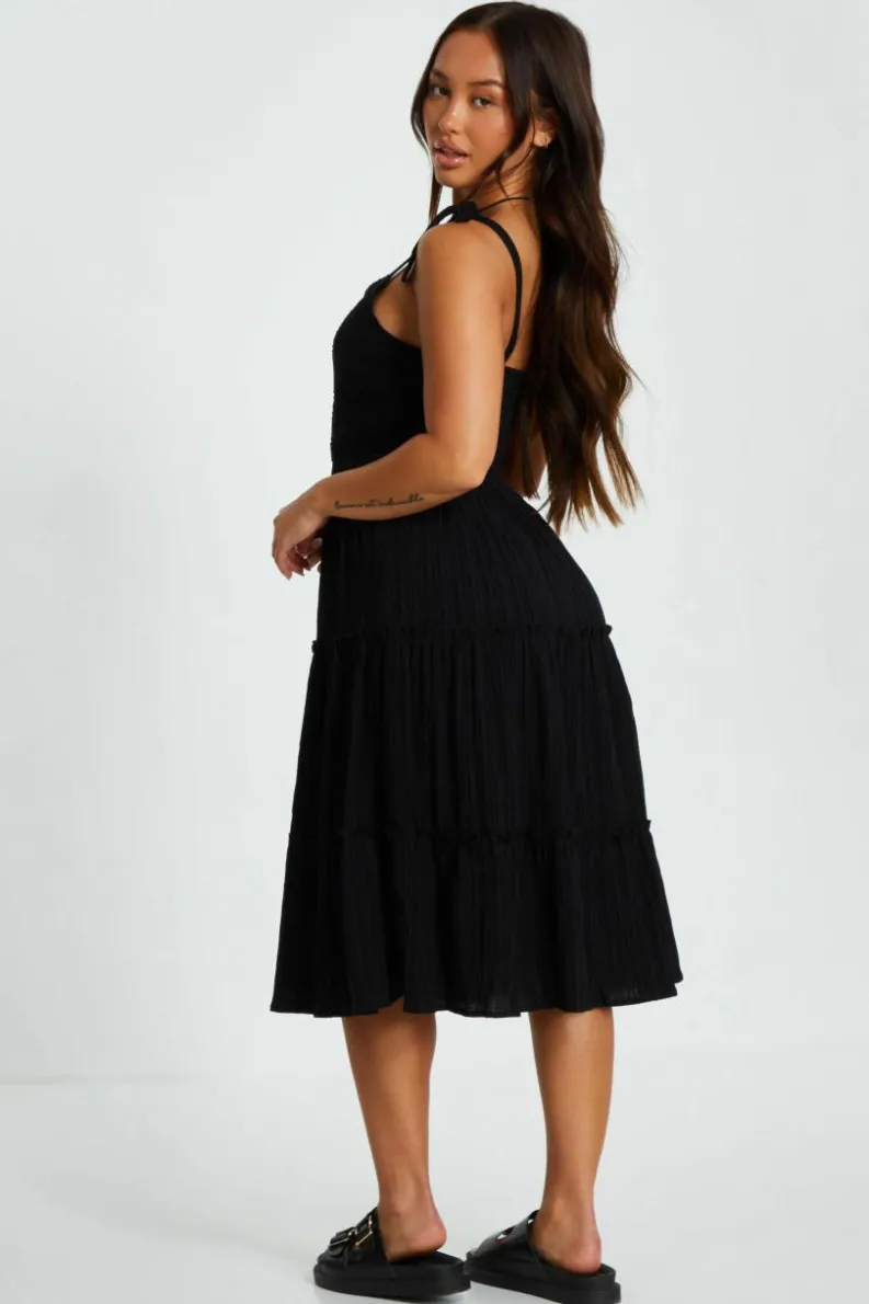 Midi Dresses*Quiz Petite Embroidered Strappy Tiered Midi Dress Black
