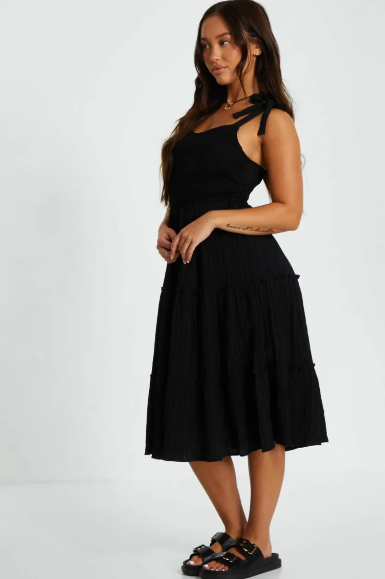 Midi Dresses*Quiz Petite Embroidered Strappy Tiered Midi Dress Black