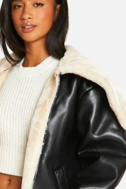 Up To 80% Off Winter Warmers|Aviator Jackets*boohoo Petite Faux Fur Collar Leather Jacket black