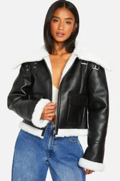 Up To 80% Off Winter Warmers|Aviator Jackets*boohoo Petite Faux Fur Lined Leather Jacket black