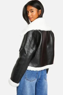 Up To 80% Off Winter Warmers|Aviator Jackets*boohoo Petite Faux Fur Lined Leather Jacket black