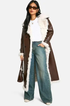 Up To 80% Off Winter Warmers|Coats & Jackets*boohoo Petite Faux Leather Longline Coat brown