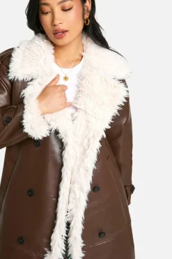 Up To 80% Off Winter Warmers|Coats & Jackets*boohoo Petite Faux Leather Longline Coat brown