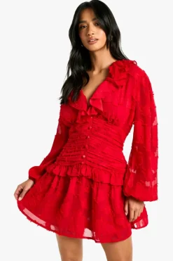Skater Dresses*boohoo Petite Floral Burnout Ruffle Plunge Ruched Skater Dress red