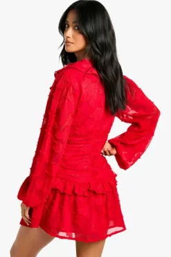 Skater Dresses*boohoo Petite Floral Burnout Ruffle Plunge Ruched Skater Dress red