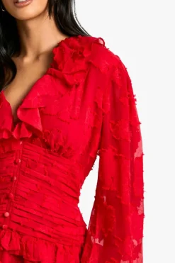 Skater Dresses*boohoo Petite Floral Burnout Ruffle Plunge Ruched Skater Dress red