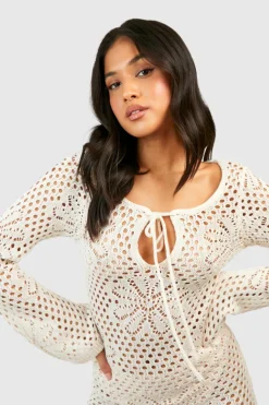 Jumper Dresses|Jumper Dresses*boohoo Petite Floral Crochet Knit Flare Sleeve Mini Dress ivory