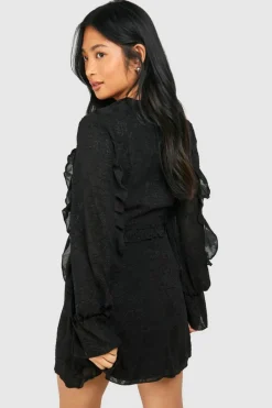 Skater Dresses*boohoo Petite Floral Jaquard Ruffle Mini Dress black
