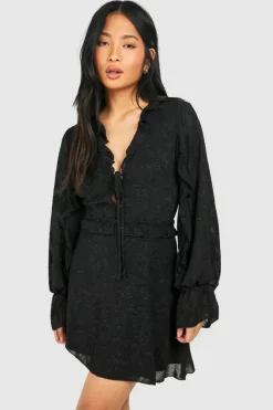 Skater Dresses*boohoo Petite Floral Jaquard Ruffle Mini Dress black