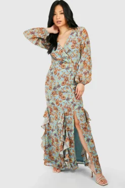 Wrap Dresses*boohoo Petite Floral Print Ruffle Wrap Maxi Dress blue