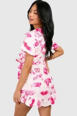 Wrap Dresses|Mini Dresses*boohoo Petite Floral Ruffle Wrap Mini Dress baby pink