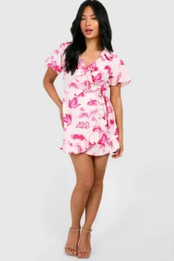 Wrap Dresses|Mini Dresses*boohoo Petite Floral Ruffle Wrap Mini Dress baby pink