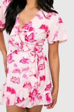 Wrap Dresses|Mini Dresses*boohoo Petite Floral Ruffle Wrap Mini Dress baby pink